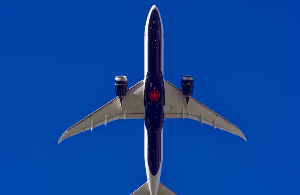 air canada вьетнам | Наш Ванкувер Bottom-up view of a dark blue commercial airplane flying overhead against a clear blue sky.
