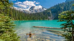 Turquoise alpine lake framed by evergreen trees and snow-capped mountains under a blue sky.