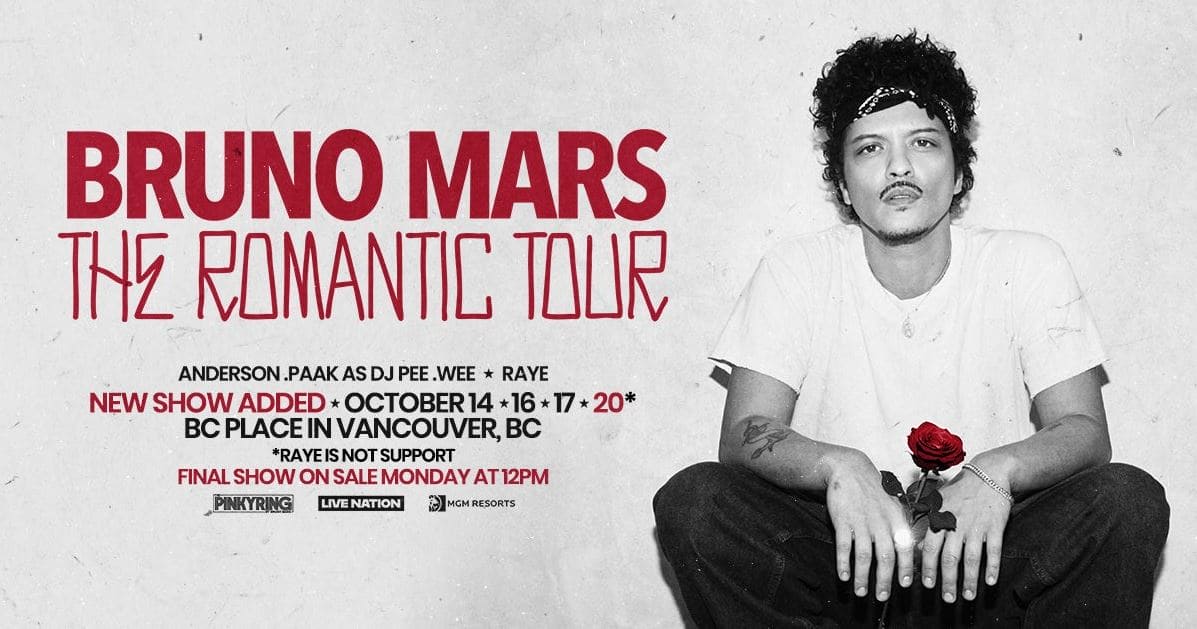 Bruno Mars tour poster with bold red title and a man in grayscale holding a red rose on the right side.