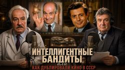 Four men in a radio studio with vintage microphones and headsets; a Cyrillic film poster title behind them.