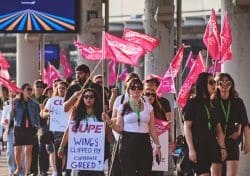 Protesters marching with bright pink flags, a woman in white holds a sign reading 'WINGS CLIPPED BY CORPORATE GREED'.