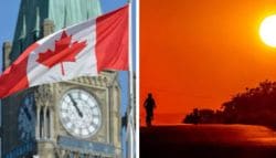 Two-panel image: left shows a Canadian flag over a historic clock tower; right shows a person walking along a beach at sunset with a large orange sun.