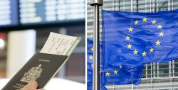Canadian passport and boarding pass held in a hand on the left; European Union flag waving by a glass building on the right.