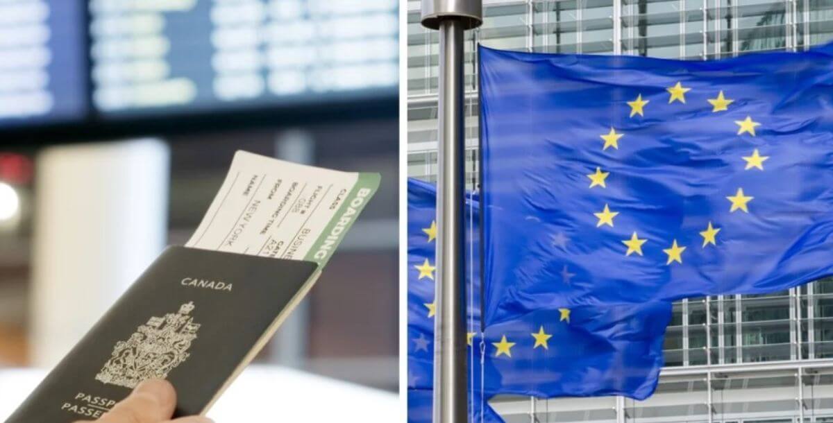 канадцы виза евросоюз | Наш Ванкувер Canadian passport and boarding pass held in a hand on the left; European Union flag waving by a glass building on the right.
