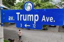 Blue street sign reading 'av. Trump Ave.' with a left-pointing arrow; a person walking a dog is in the background.