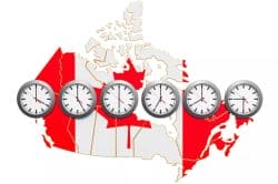 Map of Canada overlaid with clock faces showing multiple time zones (infographic)