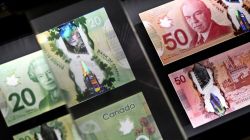 Assorted Canadian $20 and $50 banknotes laid out on a glass surface, showing colorful designs and portraits.