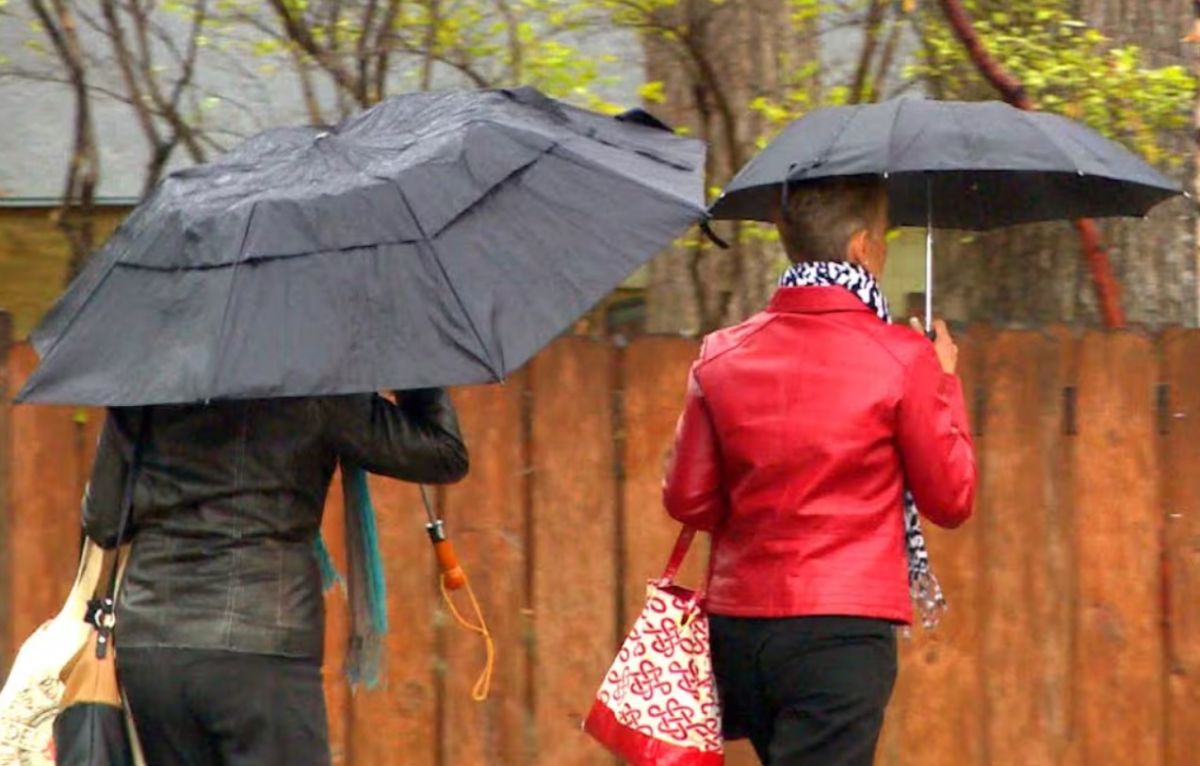 Two people walk in the rain holding umbrellas; one wears a red jacket and carries a patterned bag in front of a wooden fence.