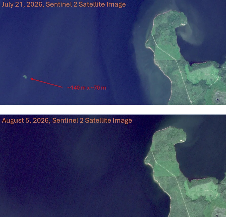 Side-by-side Sentinel-2 satellite images of a coastal area on July 21, 2026 and August 5, 2026; a small island or sandbar about 140 m by 70 m is marked with a red arrow in the first image, illustrating shoreline change.