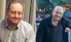 Side-by-side photos of a man with glasses: left in a light button-down shirt indoors, right in a black jacket with a polka-dot shirt outdoors, both smiling.