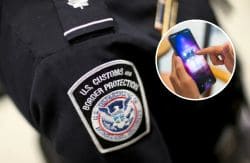 Close-up of a U.S. Customs and Border Protection officer's patch on a dark uniform; inset shows a hand using a smartphone with app icons on screen.