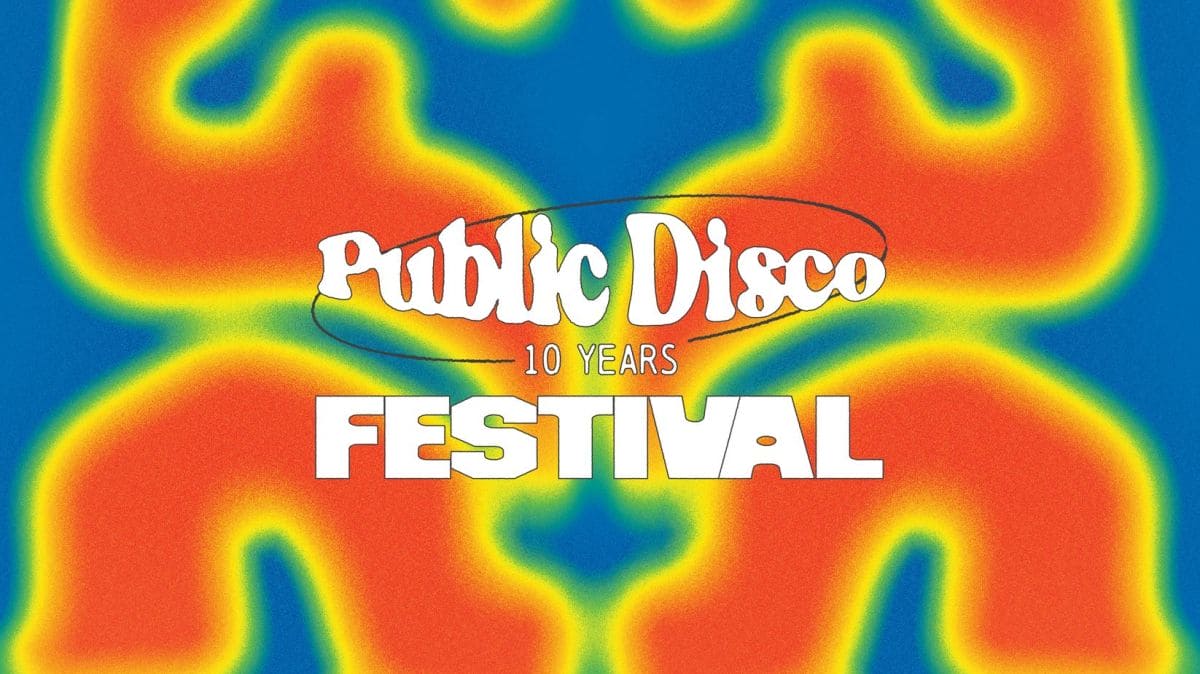 Poster for a Public Disco Festival celebrating 10 years with a colorful psychedelic heat-map background and bold white text.