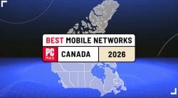 Award badge reading 'Best Mobile Networks' over a map of Canada, labeled 'PCMag Canada 2026' on a blue gradient background with a grid pattern.