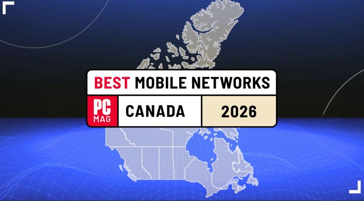 Award badge reading 'Best Mobile Networks' over a map of Canada, labeled 'PCMag Canada 2026' on a blue gradient background with a grid pattern.