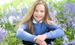 Smiling young girl sitting in a field of purple flowers in bloom with sunlight.