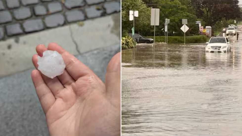 Two-panel image: left shows a hand holding a large hailstone; right shows a flooded street with cars partially submerged.