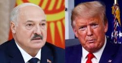 Split-screen of two men in suits; left man has white hair and mustache, right man has blond hair and a red tie.