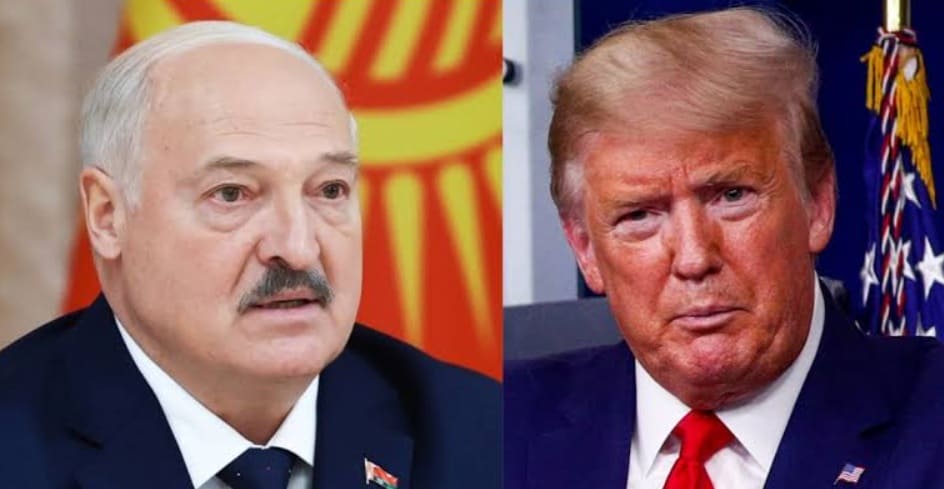 трамп беларуси | Наш Ванкувер Split-screen of two men in suits; left man has white hair and mustache, right man has blond hair and a red tie.