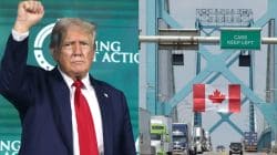 Split image: on the left, former President Donald Trump raising his fist at a political event; on the right, a Canadian border crossing with a 'Cars keep left' sign and a Canadian flag.