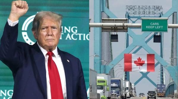 Split image: on the left, former President Donald Trump raising his fist at a political event; on the right, a Canadian border crossing with a 'Cars keep left' sign and a Canadian flag.