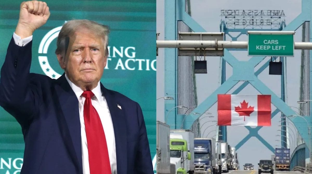 трамп канада иммиграция | Наш Ванкувер Split image: on the left, former President Donald Trump raising his fist at a political event; on the right, a Canadian border crossing with a 'Cars keep left' sign and a Canadian flag.