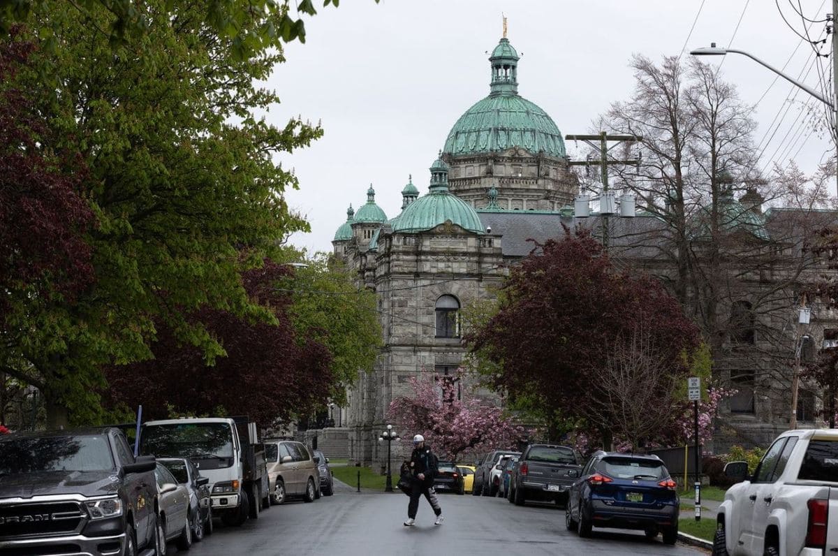 Street view toward a historic stone capitol building with green copper domes framed by trees; cars parked along both sides and a person crossing the road in the foreground.