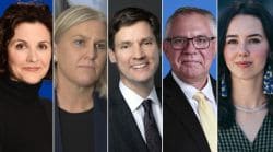 Collage of five business professionals in separate panels, facing the camera against blue backgrounds.