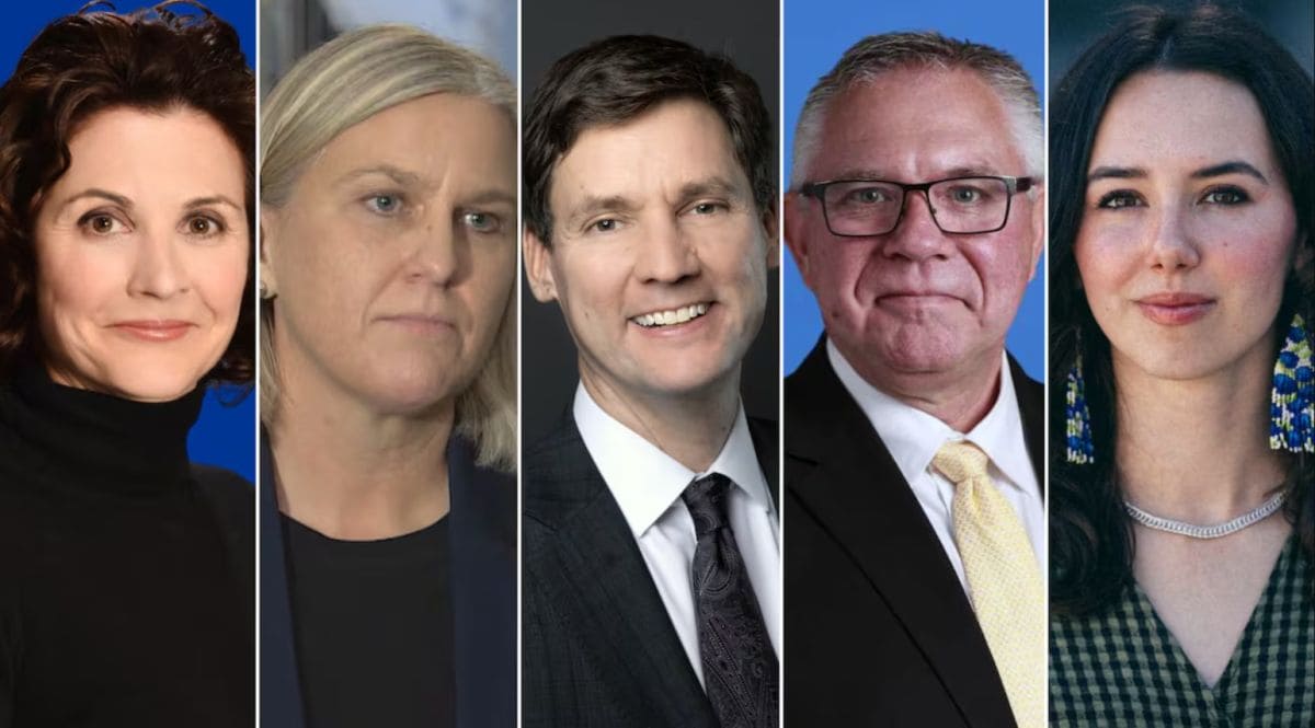 Collage of five business professionals in separate panels, facing the camera against blue backgrounds.