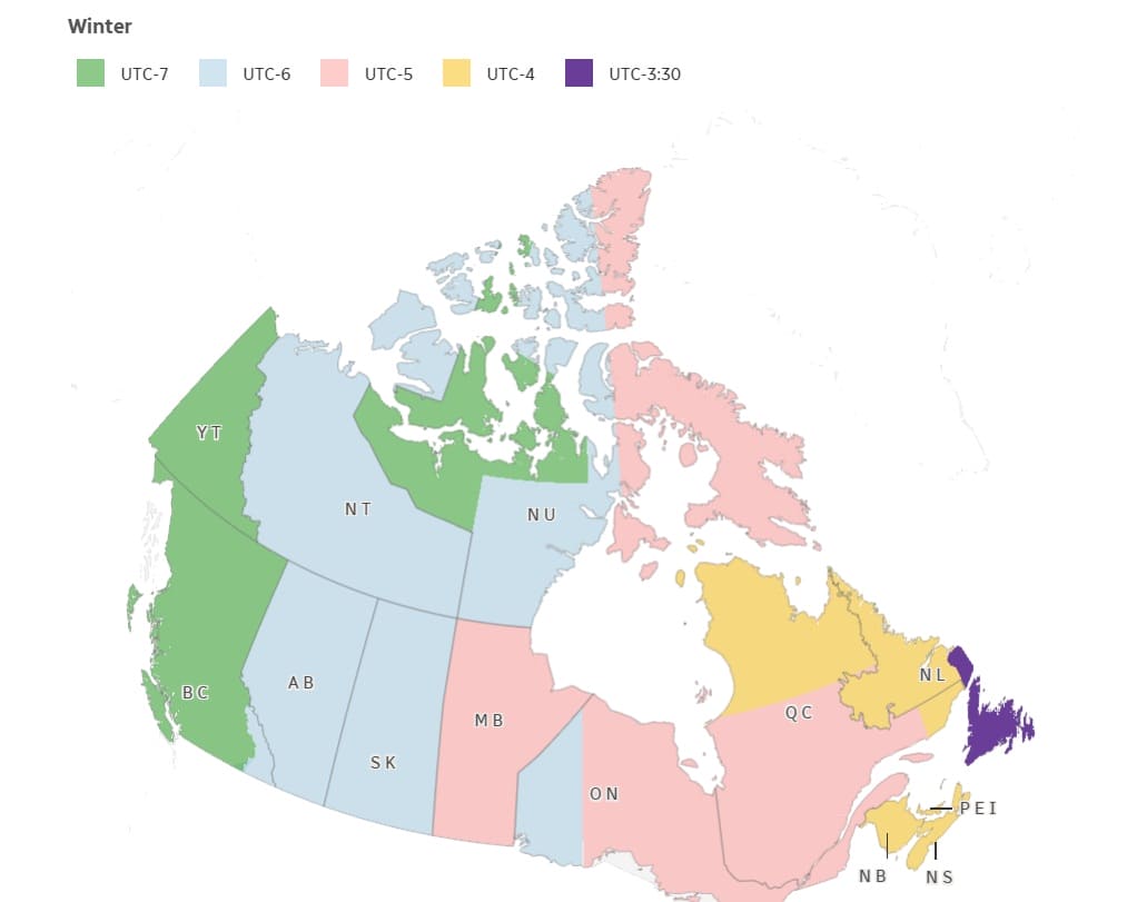 Winter map of Canada showing time zones by color (UTC-7 green, UTC-6 light blue, UTC-5 pink, UTC-4 yellow, UTC-3:30 purple); provinces labeled (BC, AB, SK, MB, ON, QC, NL, NS, PEI, etc.).