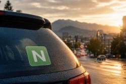 Автомобиль новичка с наклейкой N на дороге в Британской Колумбии, где второй экзамен на права заменит проверка. Иллюстрация создана ИИ
