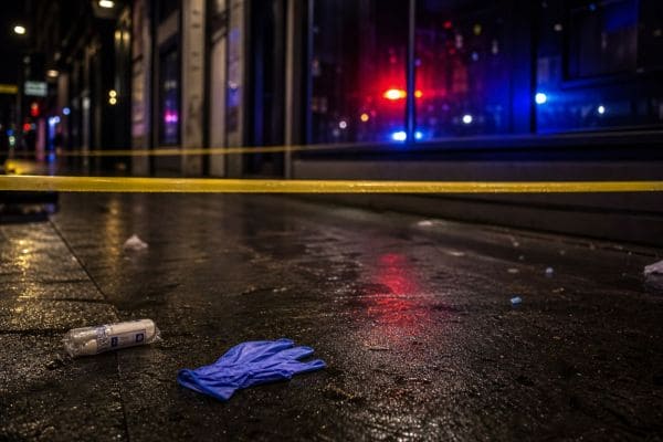 Granville Street в центре Ванкувера вечером с неоновыми вывесками клубов и баров. Иллюстрация создана ИИ