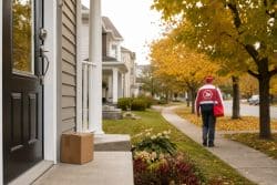 Сотрудник Canada Post в форменной одежде доставляет посылку к двери жилого дома в городском районе. Иллюстрация создана ИИ