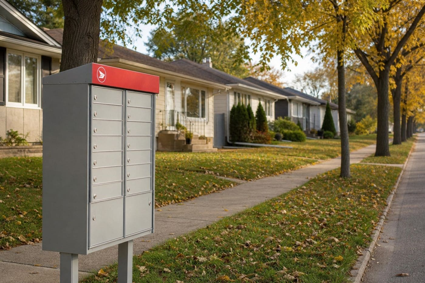 Общий почтовый ящик Canada Post на улице жилого района Канады, куда переводят доставку почты. Иллюстрация создана ИИ