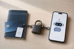 Человек пользуется мобильным приложением онлайн-банкинга на смартфоне, сидя за столом. Иллюстрация создана ИИ