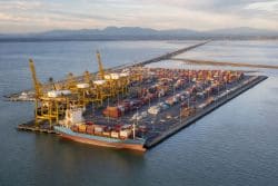 Контейнеровоз и портальные краны на терминале GCT Deltaport в Roberts Bank, Дельта. Иллюстрация создана ИИ