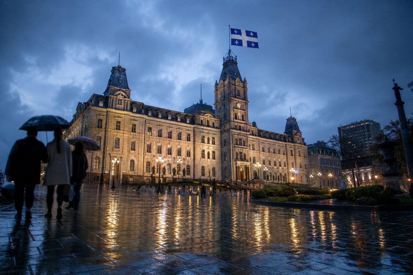 Лидер Parti Québécois Поль Сен-Пьер Пламондон перед сторонниками после выборов в Квебеке. Иллюстрация создана ИИ
