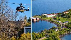 Left: police helicopter hovering near residential houses; right: aerial view of a coastal village with blue water, green trees, and a curving shoreline.
