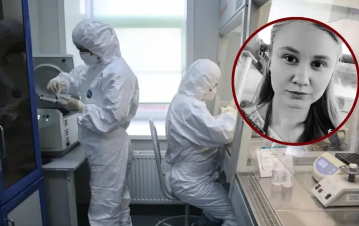 чума россия | Наш Ванкувер Two scientists in cleanroom suits work at equipment in a sterile lab; a grayscale portrait of a woman inset in a red circle.