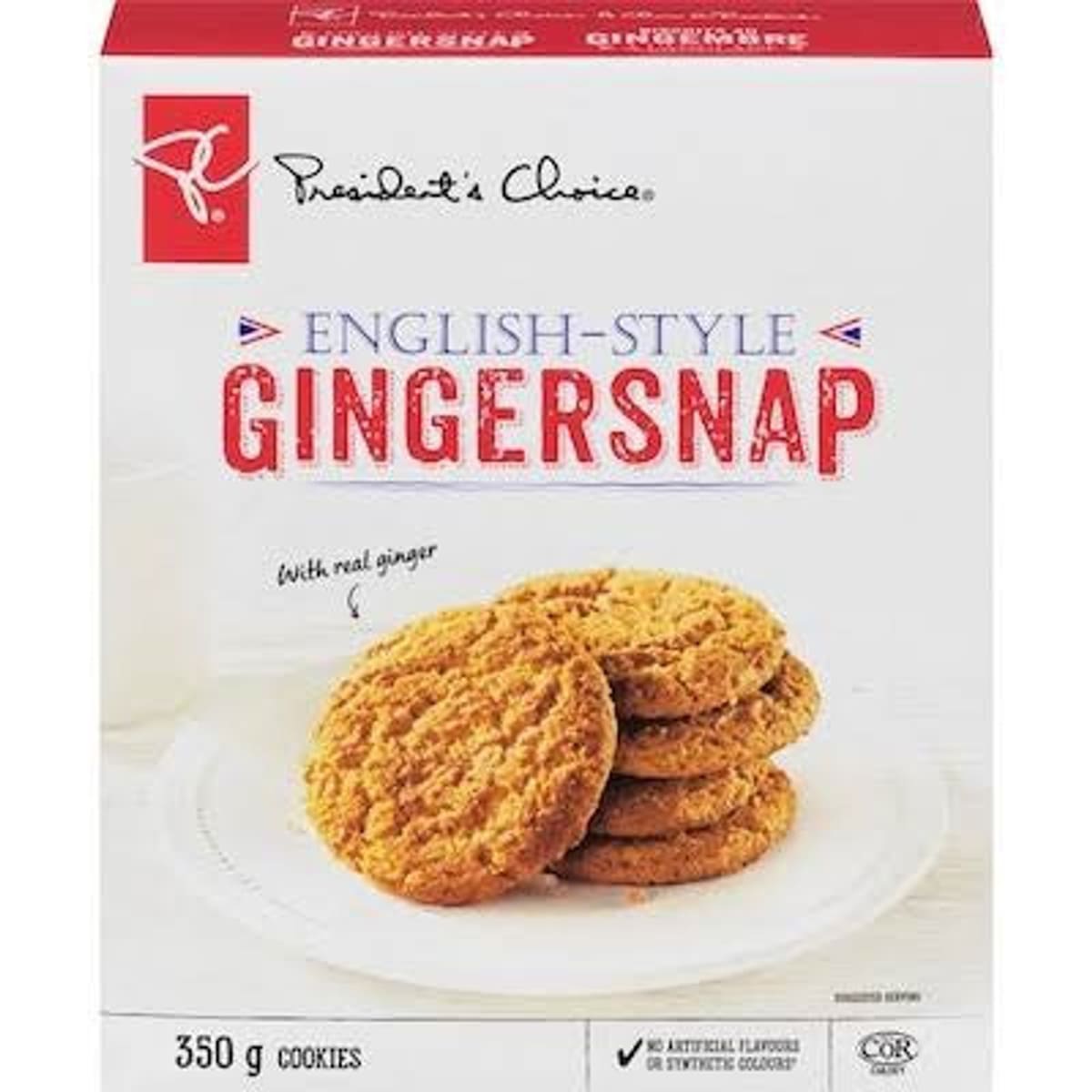cookies_recall | Наш Ванкувер Box of President's Choice English-Style Gingersnaps with a stack of cookies on a white plate, 350 g package