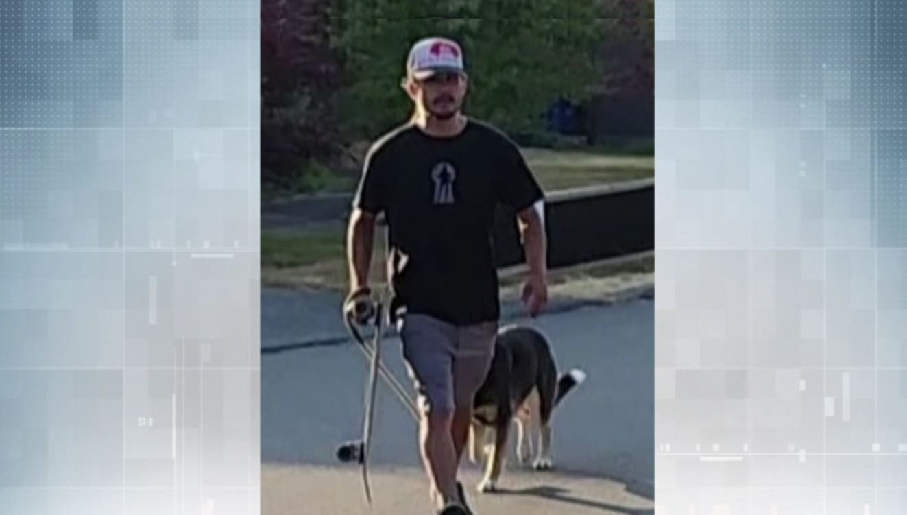Man in a black shirt and cap walks a skateboard on a sunny street, with a dog walking beside him.