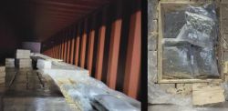 Two-panel image: left shows stacked white blocks along a wooden floor inside a dark shipping container; right shows a top-down view of a wooden crate with clear plastic bags of dark material labeled inside.