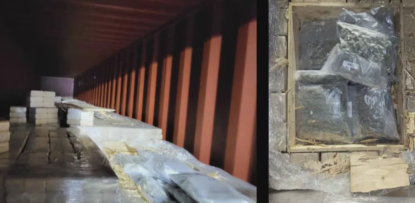 Two-panel image: left shows stacked white blocks along a wooden floor inside a dark shipping container; right shows a top-down view of a wooden crate with clear plastic bags of dark material labeled inside.