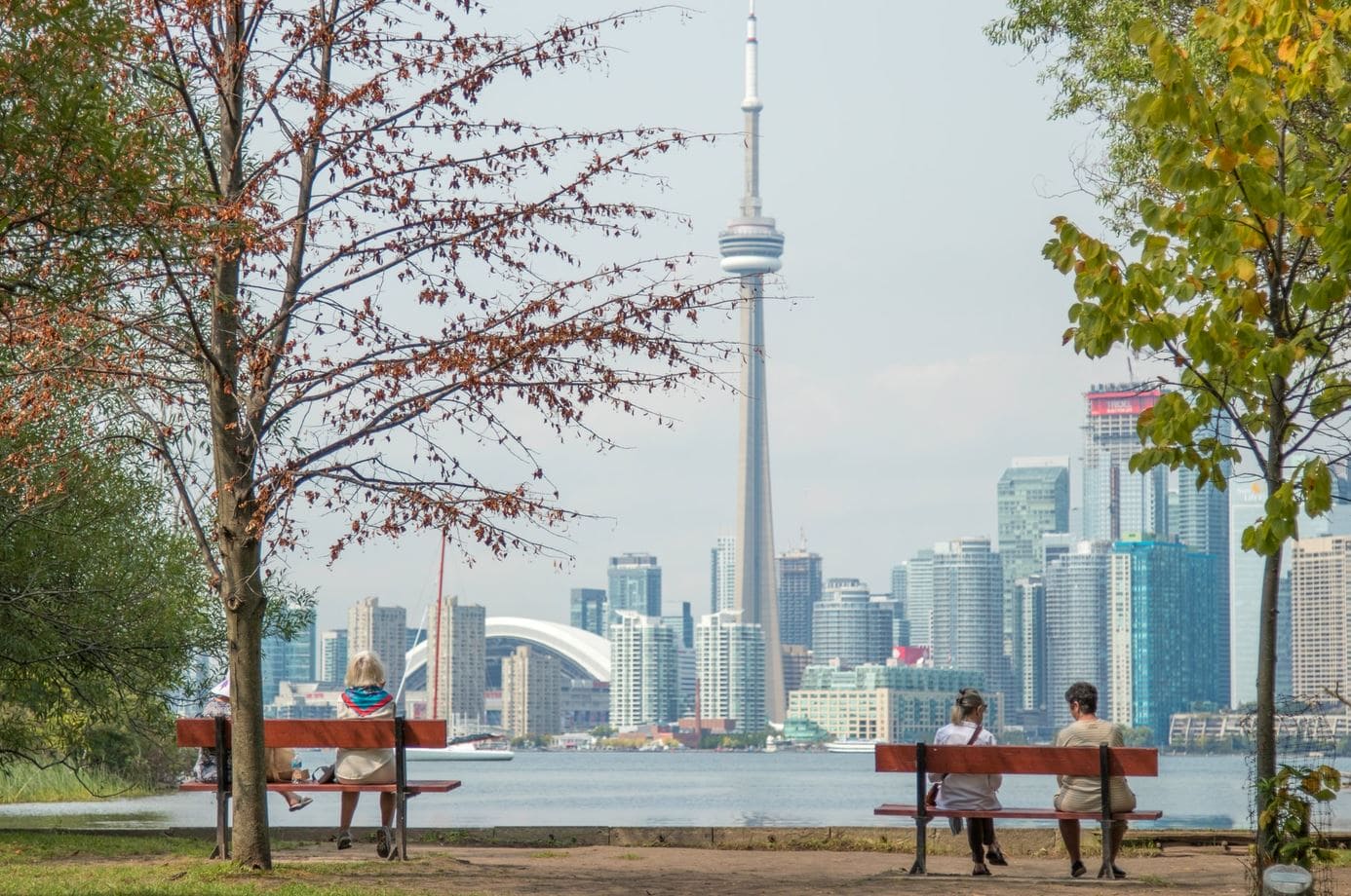 People sit on benches in a lakeside park, with Toronto's skyline and the CN Tower visible across the water framed by trees on both sides.