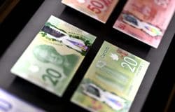 Several Canadian banknotes laid on a dark surface, including a green $20 bill with Canada text visible on the front side.