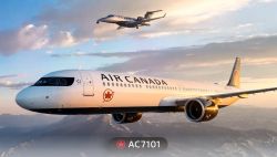 Air Canada passenger jet in flight over a mountain landscape at sunset, with a small jet circling above and the red maple leaf logo on the tail visible.