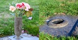 Split image: left shows a hammered metal vase with pink and peach flowers on a circular metal cover in a grassy yard; right shows a close-up of a circular drain opening in a granite surface with grass around it.