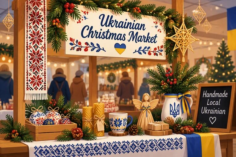 Ukrainian Christmas Market stall with pine garlands and a sign reading 'Ukrainian Christmas Market' surrounded by ornaments and a blue–yellow heart motif.