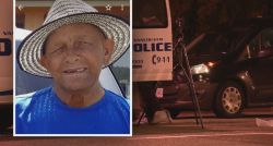 Portrait of an elderly man in a blue shirt and striped hat on the left; a Vancouver Police vehicle and tripod on a dark street at night on the right.