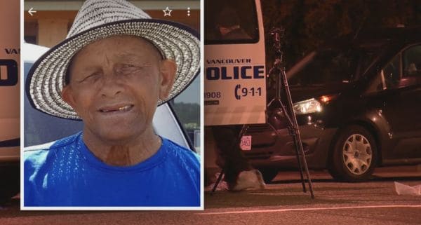 Portrait of an elderly man in a blue shirt and striped hat on the left; a Vancouver Police vehicle and tripod on a dark street at night on the right.