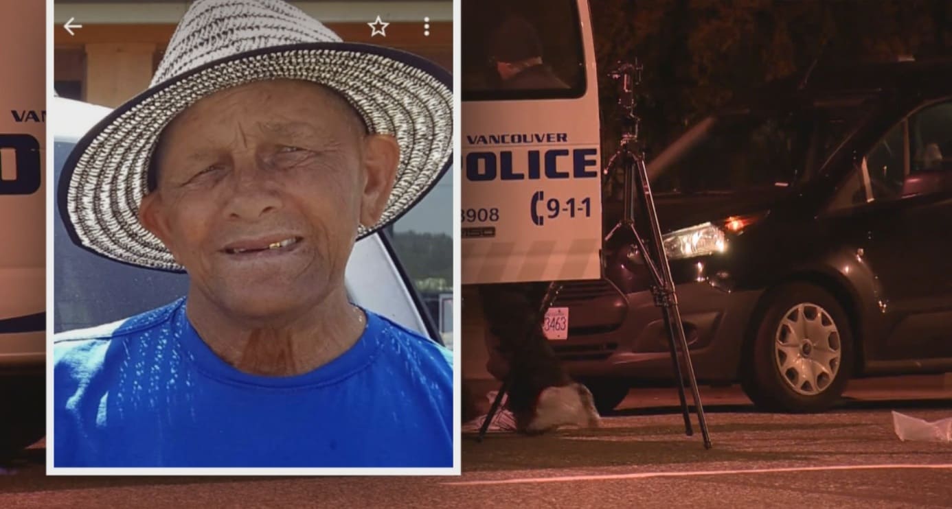 виновен | Наш Ванкувер Portrait of an elderly man in a blue shirt and striped hat on the left; a Vancouver Police vehicle and tripod on a dark street at night on the right.